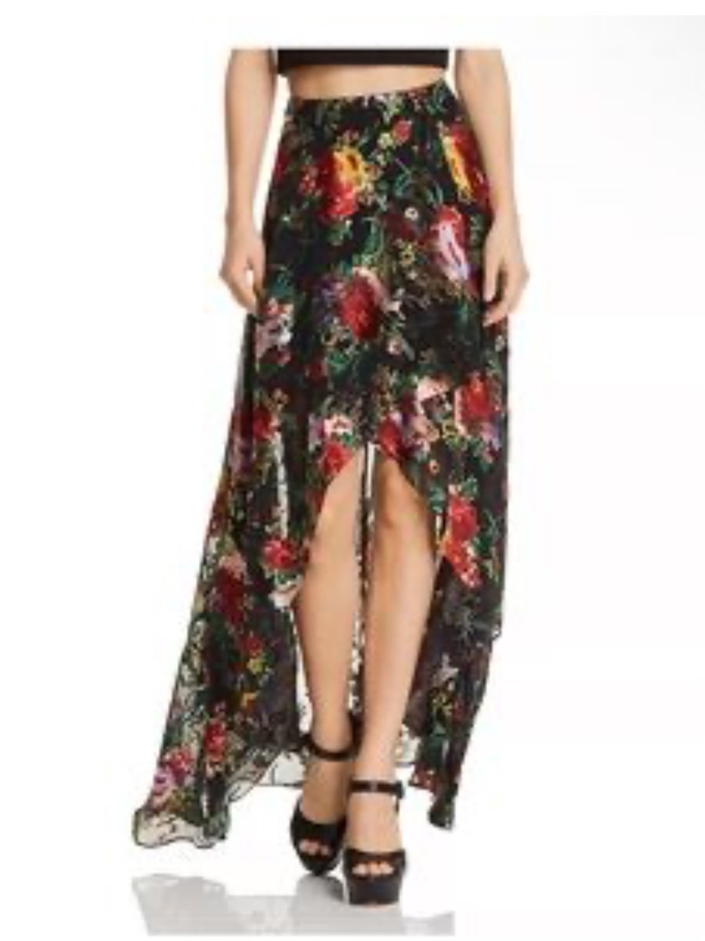 Alice + Olivia Black High Low Maxi Skirt with Red, Pink & Green Floral Print